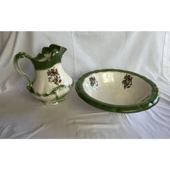 Vintage Iron Stone Wash Bowl/Basin and Vase/Pitcher Set White/Green